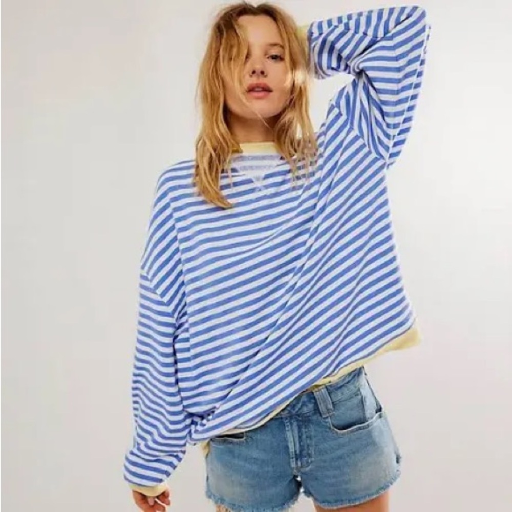Free People Yellow/Blue Classic Striped Oversized Crewneck XS